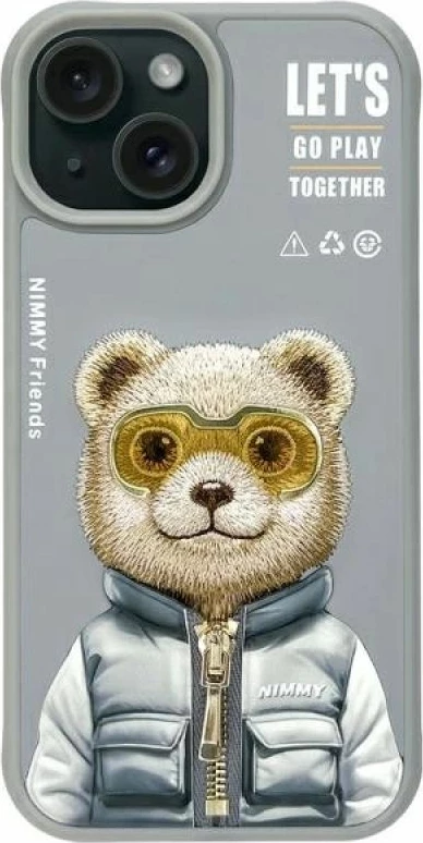 Kuti për iPhone 15 Nimmy Cool&Cute 2.0 Bear, gri