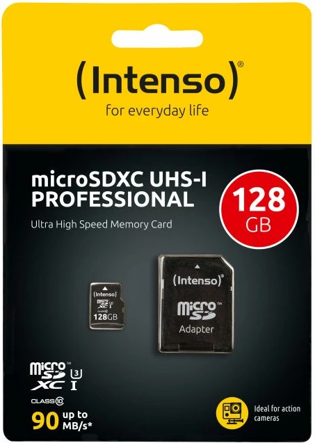 Kartelë memorje microSDXC Intenso UHS-I Professional 128GB Class 10 90MB/s, e zezë, me adapter SD