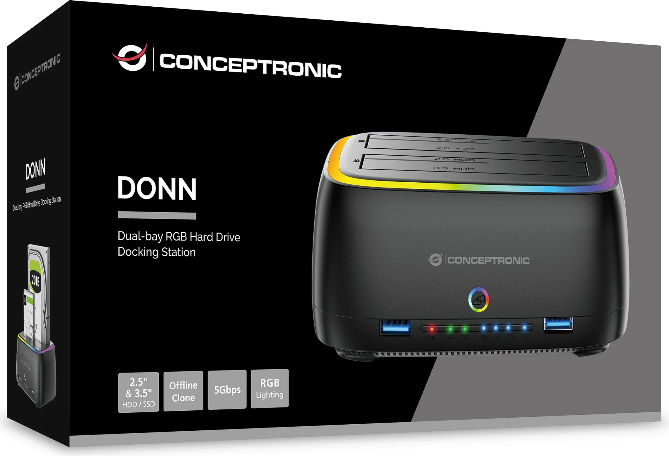 Kuti e jashtme për HDD/SSD Conceptronic, 2.5/3.5", 2-bay, USB-C, RGB, e zezë