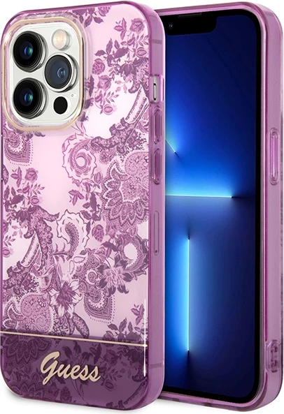 Mbështjellës Guess Porcelain Collection për iPhone 14 Pro Max, fuchsia