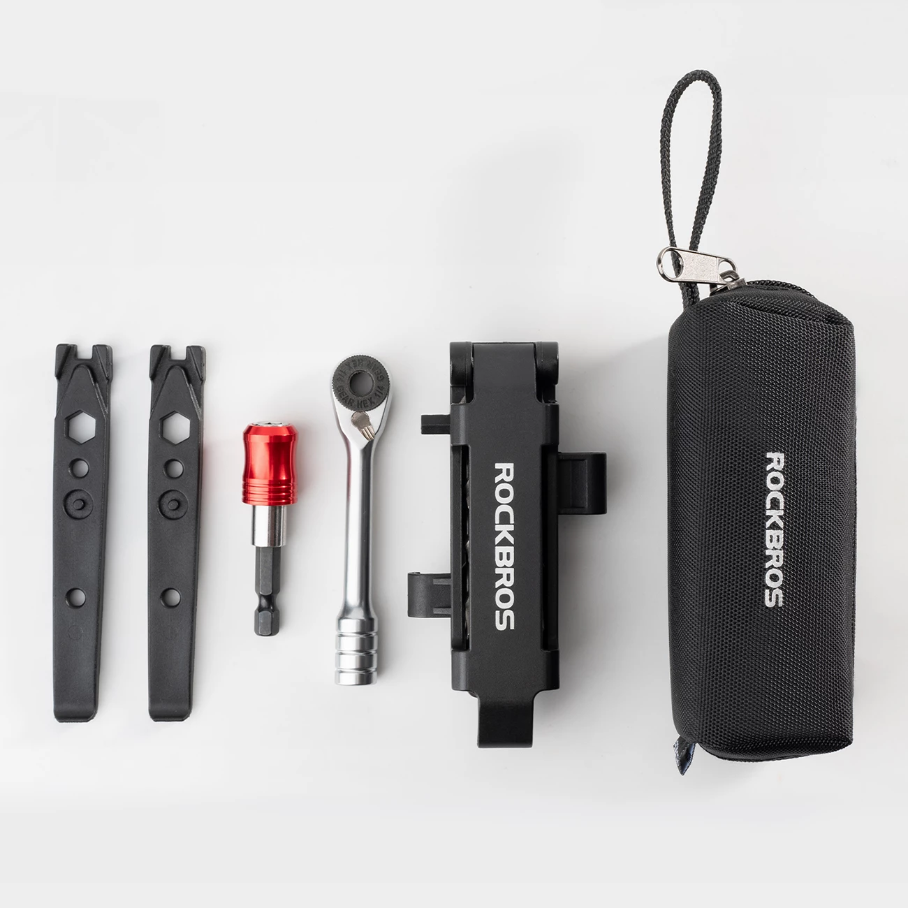 Multitool set veglash për biçikletë Rockbros Multitool Ratchet Set, çelës ratchet + 10 bita + 2 leva gome, me këllëf me zinxhir, e zezë