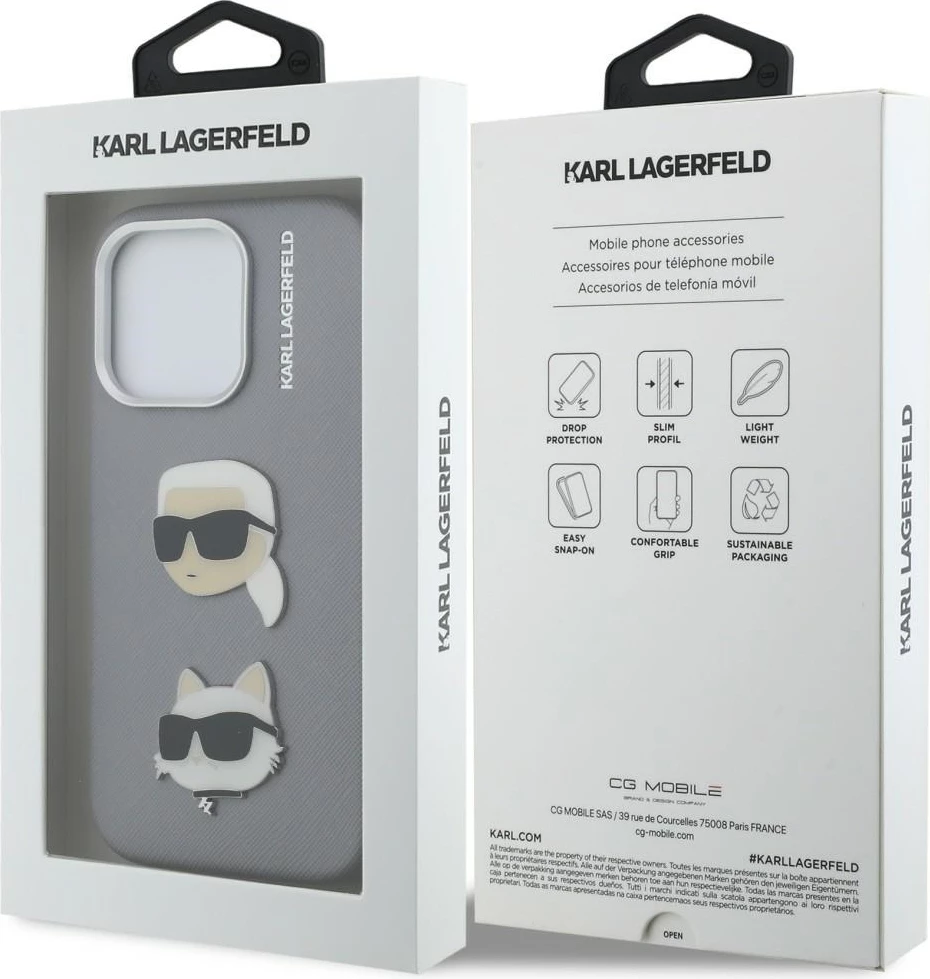 Mbështjellës Karl Lagerfeld FW Grained Karl & Choupette Heads Pins & Logo për iPhone 16 Pro Max, eco-lëkurë/TPU/PC, gri