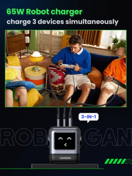 Karikues UGREEN Nexode Robot GaN 65W MPN 25685B, 2x USB-C + 1x USB-A, me LED ekran, gri