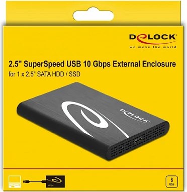 Kuti eksternale DeLOCK për HDD/SSD 2.5" SATA III, USB-C 10Gbps, alumini, e zezë