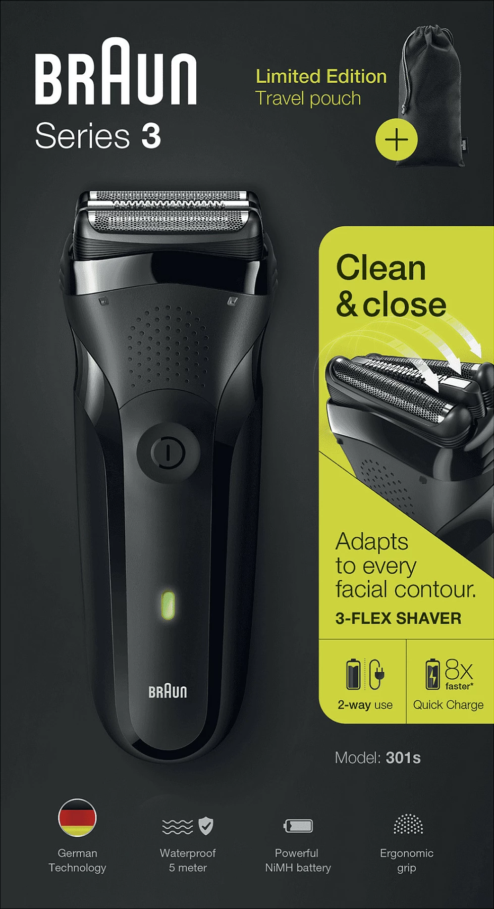 Makinë rroje Braun Series 3 301s, foil shaver, Wet & Dry, me bateri NiMH, e zezë