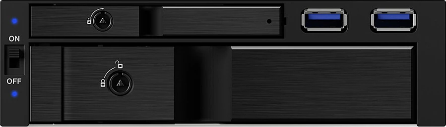 Baj 5.25" ICY BOX IB-174SSK-U për 1x 3.5" + 1x 2.5" SATA, hot-swap, 2x USB 3.2 Gen1, i zi