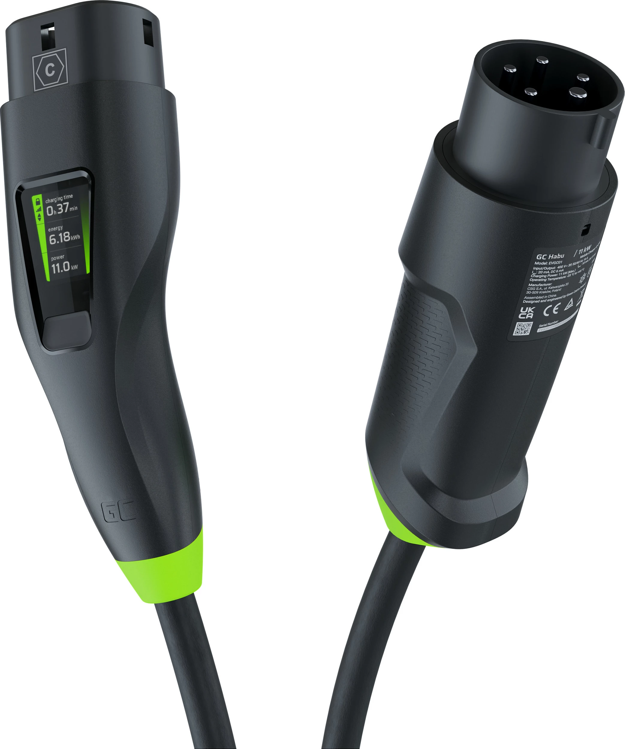 Stacion karikimi EV Green Cell Habu, 7 m, 2-në-1, 11 kW, i zi