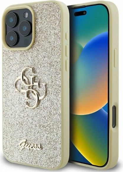 Mbështjellës Guess Fixed Glitter Big 4G për iPhone 16 Pro Max 6.9", TPU hardcase, ari