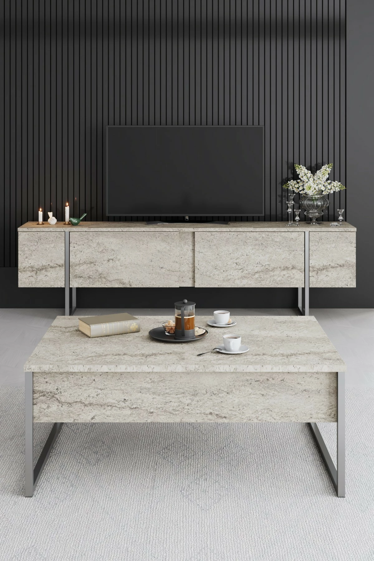 Komodë TV Hanah Home, Luxe, travertin, argjend