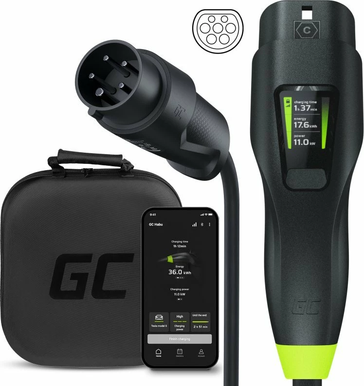 Karikues portativ për veturë elektrike Green Cell Habu EVGC01 11 kW 3-fazor Type 2 kabllo fikse 7 m, i zi