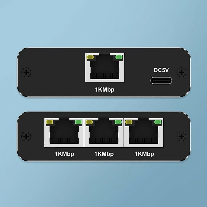 Switch i vogël Qoltec 52294, 3 porta RJ45, 1Gb/s, alumini, USB-C
