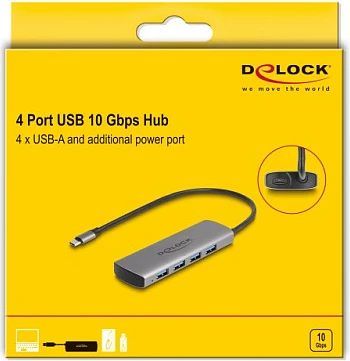 Hub USB DeLOCK 64293, USB-C në 4x USB-A, 10 Gbit/s, metal, 0.3 m, gri