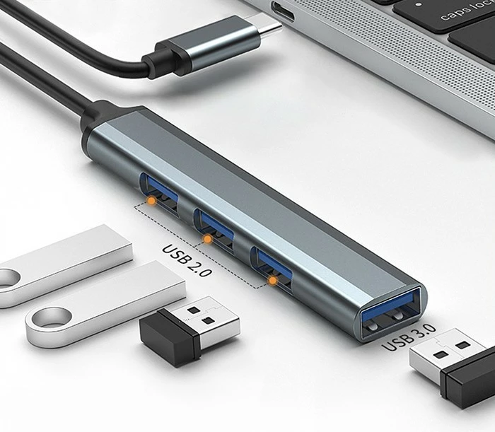 HUB USB-C Qoltec 53792, 4 porte (1x USB 3.0, 3x USB 2.0), grafit
