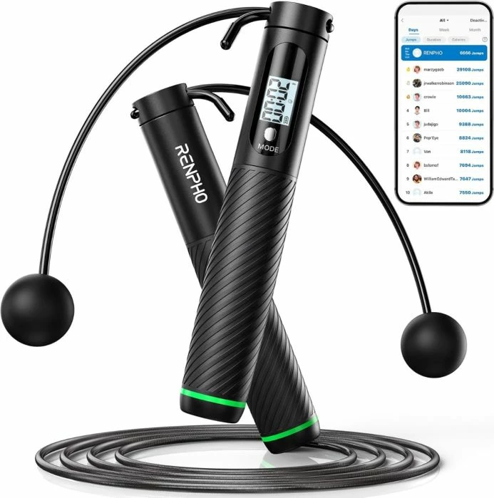 Litar kërcimi smart RENPHO R-Q008 wireless Bluetooth me ekran, 3 m i rregullueshëm, me topa pa litar + litar, i zi (set)