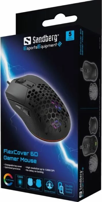 Maus gaming Sandberg FlexCover 6D 640-28, 12800 DPI, 6 butona, USB 2.0, RGB LED, 2 kapakë ndërrues, e zezë
