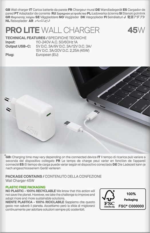 Karikues muri Puro PROLITE, 45W, USB-C, Bardhë