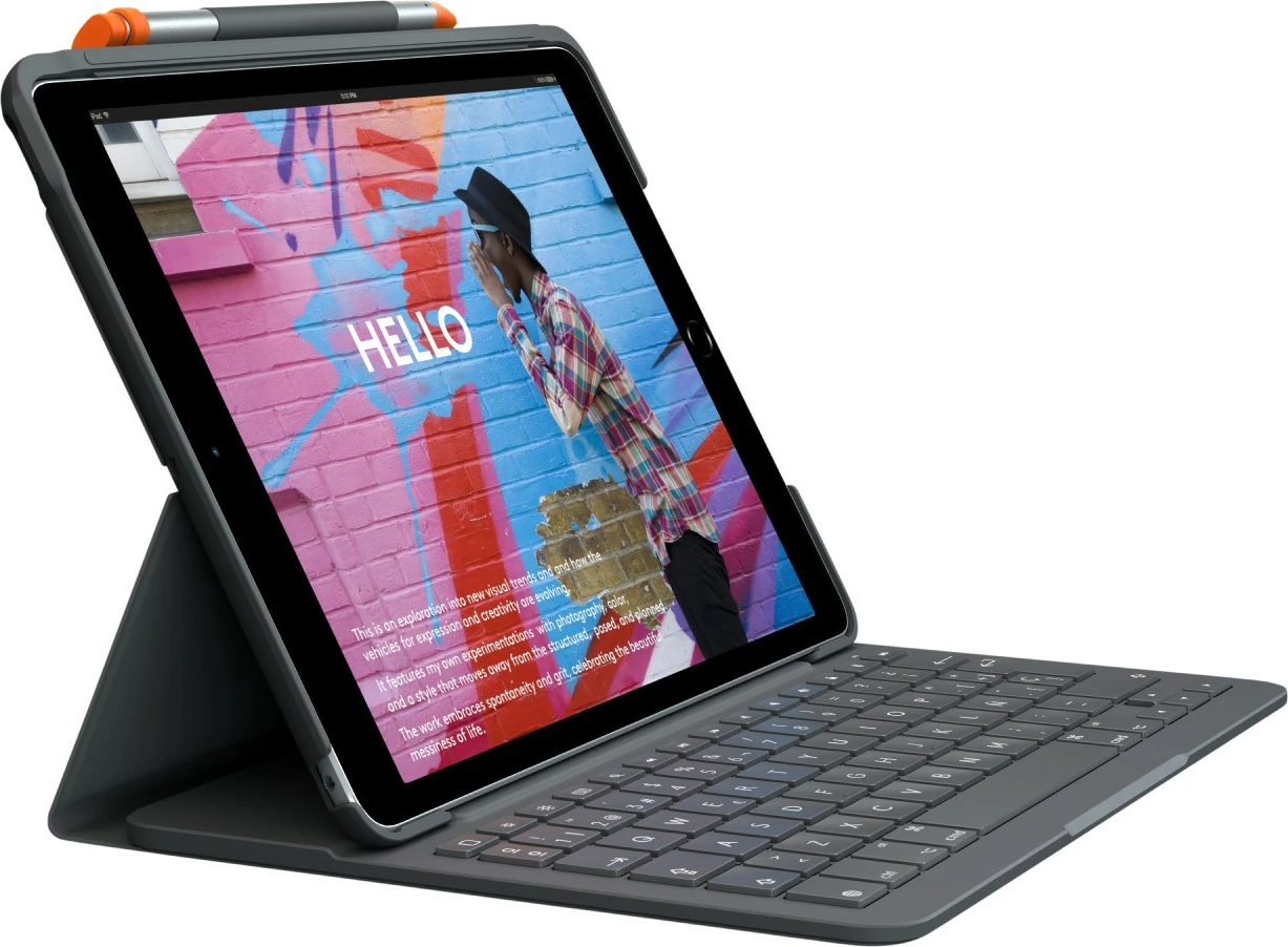 Tastierë me kasë Logitech Slim Folio për iPad 7/8/9, QWERTY, spanjisht, Bluetooth, graphite