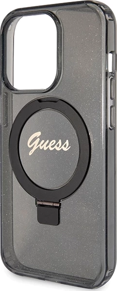 Mbështjellës Guess Ring Stand Script Glitter MagSafe për iPhone 15 Pro, i zi