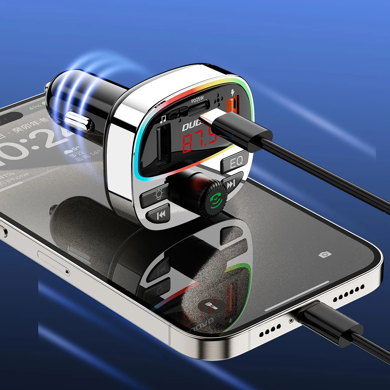 Transmetues Bluetooth për veturë Dudao R2PRO+, PD 25W, Bluetooth 5.3, RGB, zi dhe argjendtë