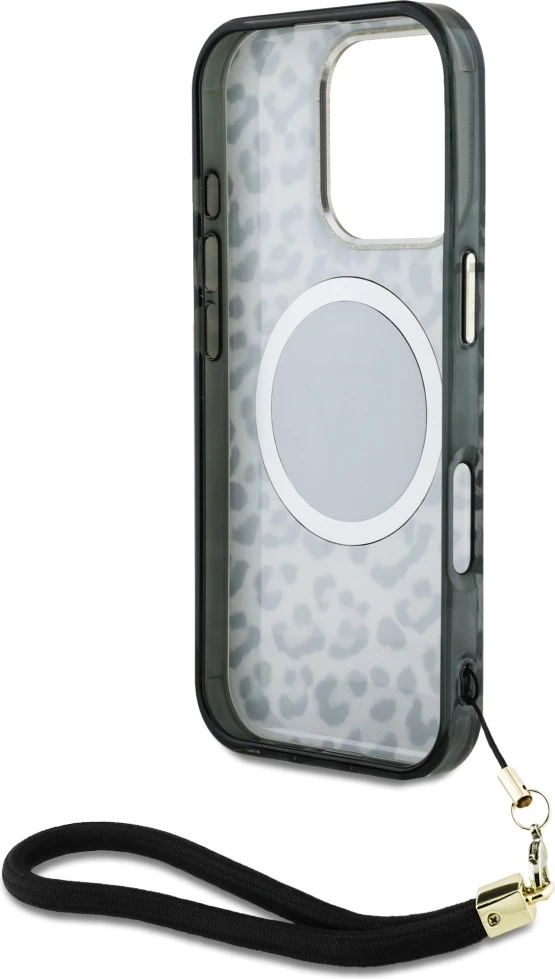 Mbështjellës Guess HC IML Leopard Triangle Cord Strap për iPhone 16 Pro, MagSafe, Zi
