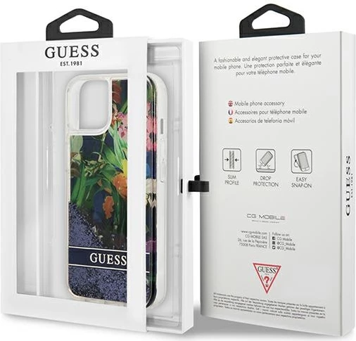 Mbështjellës Guess Flower Liquid Glitter për iPhone 13 mini 5.4", i fortë, Blu