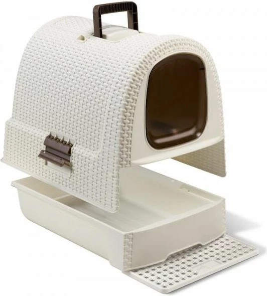 Kuti rëre e mbyllur për mace Curver Pet Life 198849, 51 x 38.5 x 39.5 cm, me filtër karbon aktiv, bezhë, me rrjetë/mat dhe lopatë
