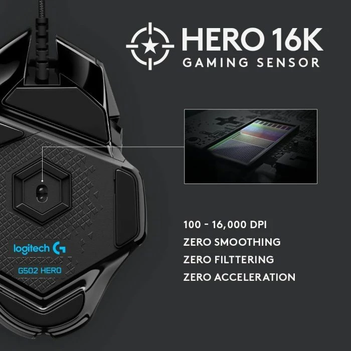 Maus gaming Logitech G502 HERO 910-005471, 25,600 DPI, 11 butona, RGB LIGHTSYNC, me kabllo, me pesha të rregullueshme, i zi