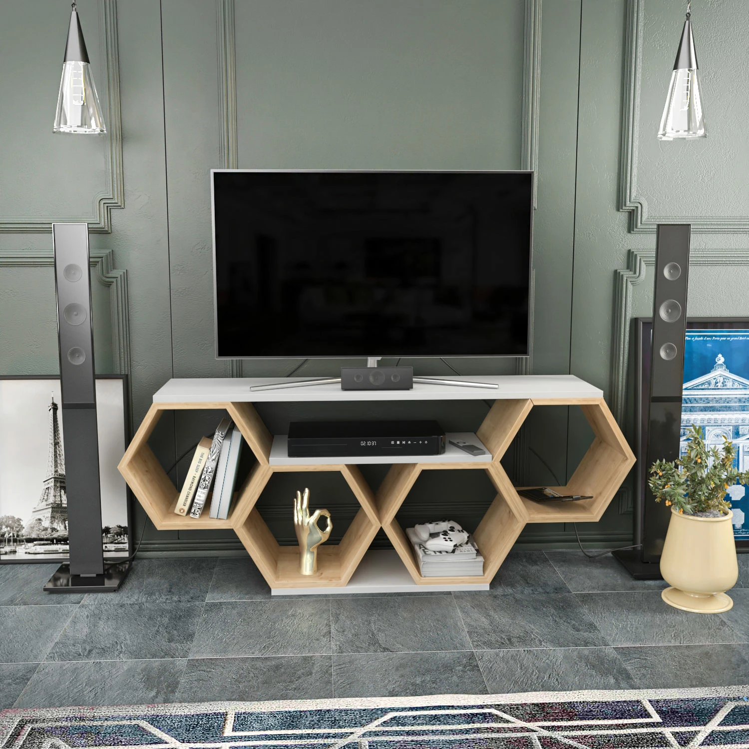 Komodë TV Hanah Home, ngjyrë e bardhë dhe sonomo
