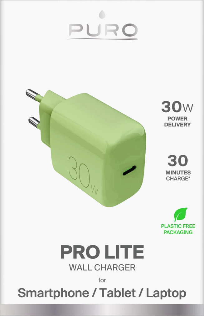 Karikues muri Puro Pro Lite 30W USB-C, PD, prizë EU, 1 port, pa kabllo, i gjelbër