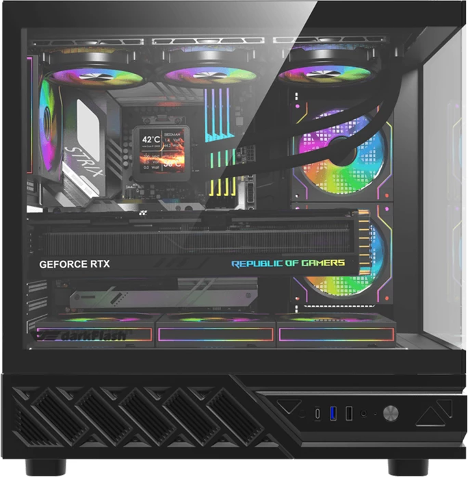 Kasë DarkFlash DS950 ATX Midi Tower me 6 ventilatorë, panel xhami i temperuar 270°, USB-C 3.2 Gen 2, e zezë
