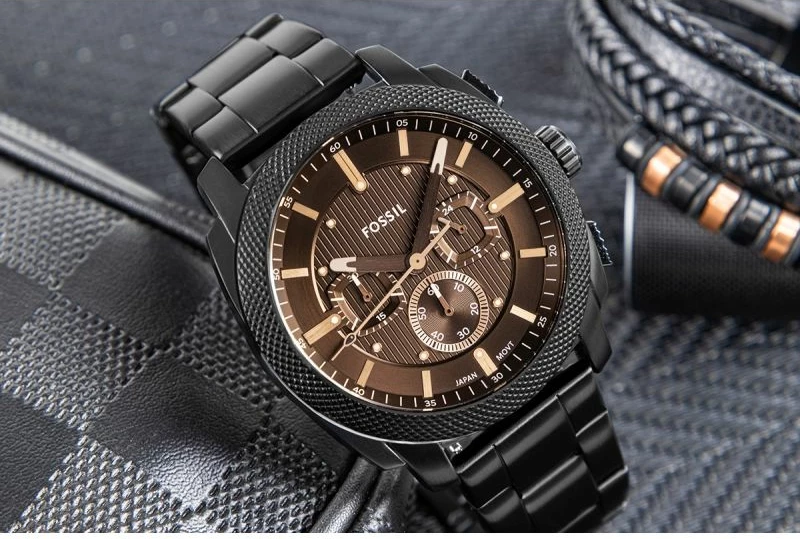 Orë dore meshkuj Fossil Machine FS6097, e zezë, set me kuti