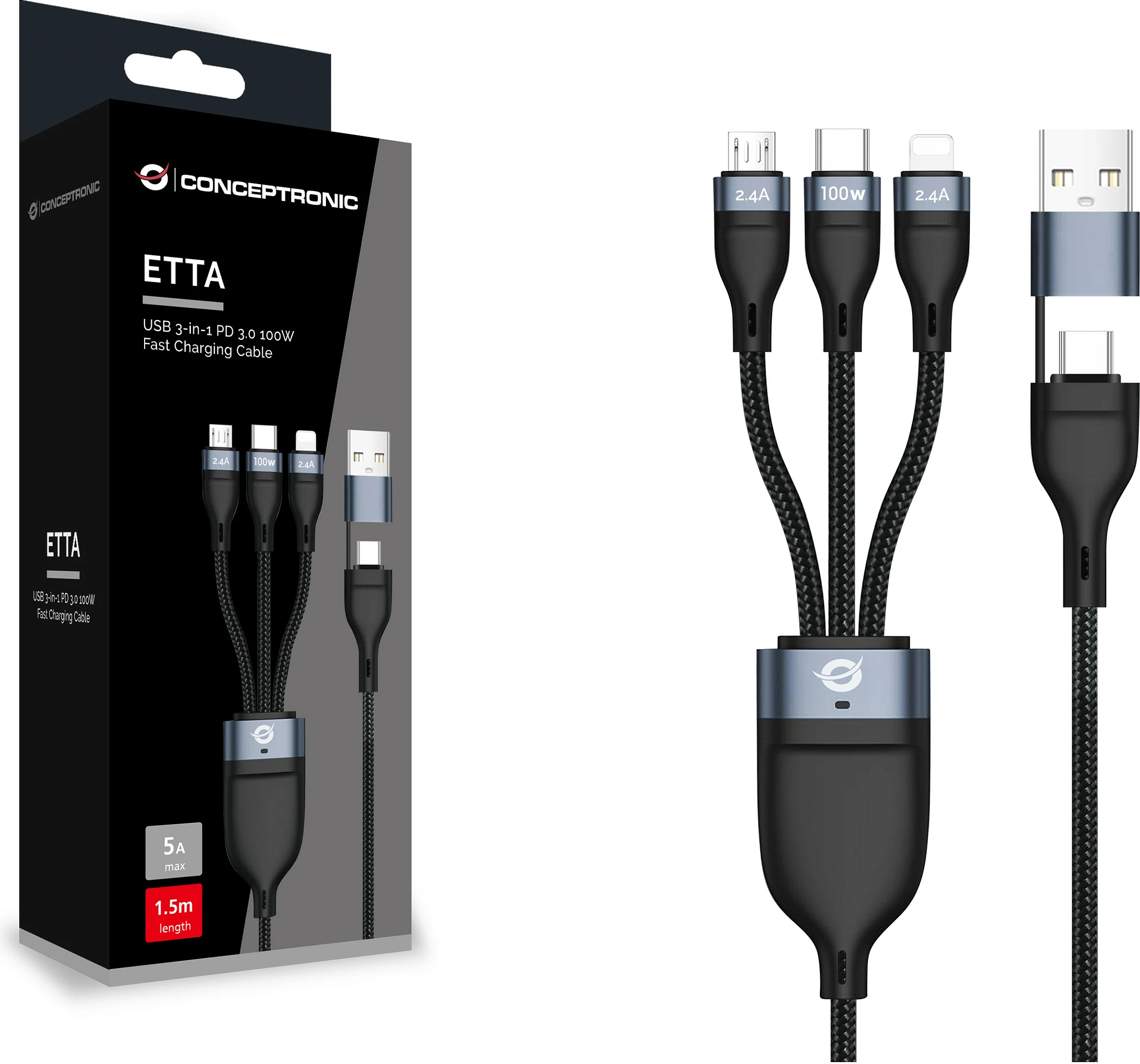 Kabllo karikimi Conceptronic ETTA06B15, USB-C 3-në-1 PD 100W 1.5m, e zezë
