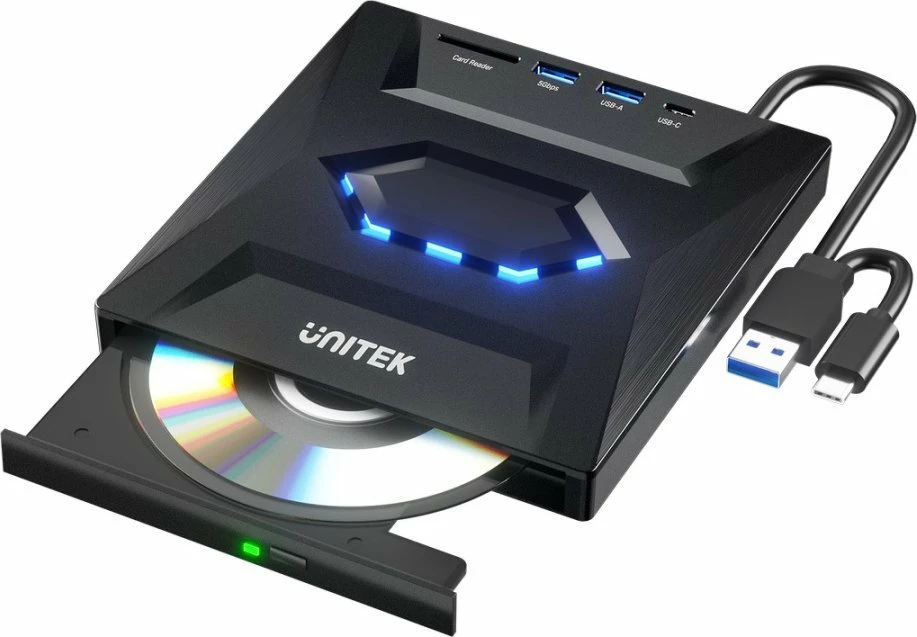 DVD/CD burner i jashtëm Unitek T1037A01 me USB hub 5Gbps dhe lexues SD, i zi