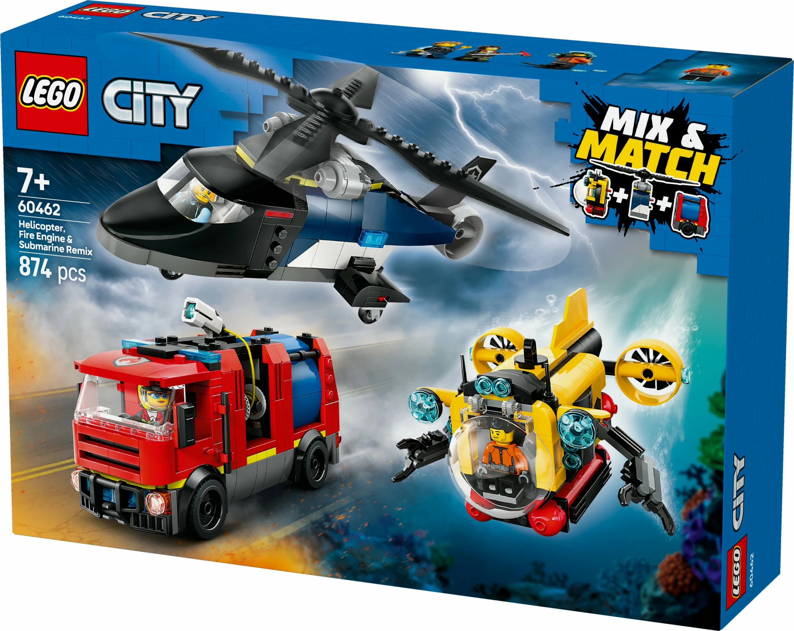Set ndërtimi LEGO City 60462, helikopter, kamion zjarrfikës, nëndetëse, 874 pjesë, multingjyrësh