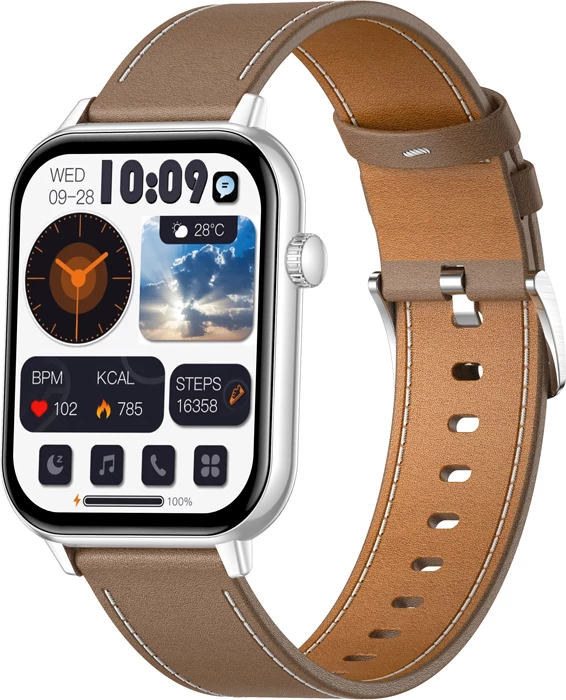 Smartwatch Colmi C28 1.93\" AMOLED, thirrje Bluetooth, AI Da GPT, 230 mAh, rrip lëkure, argjend + rrip kafe