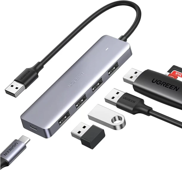 Hub USB UGREEN 50985, USB 3.0, 4 porta, gri/argjend, në kuti