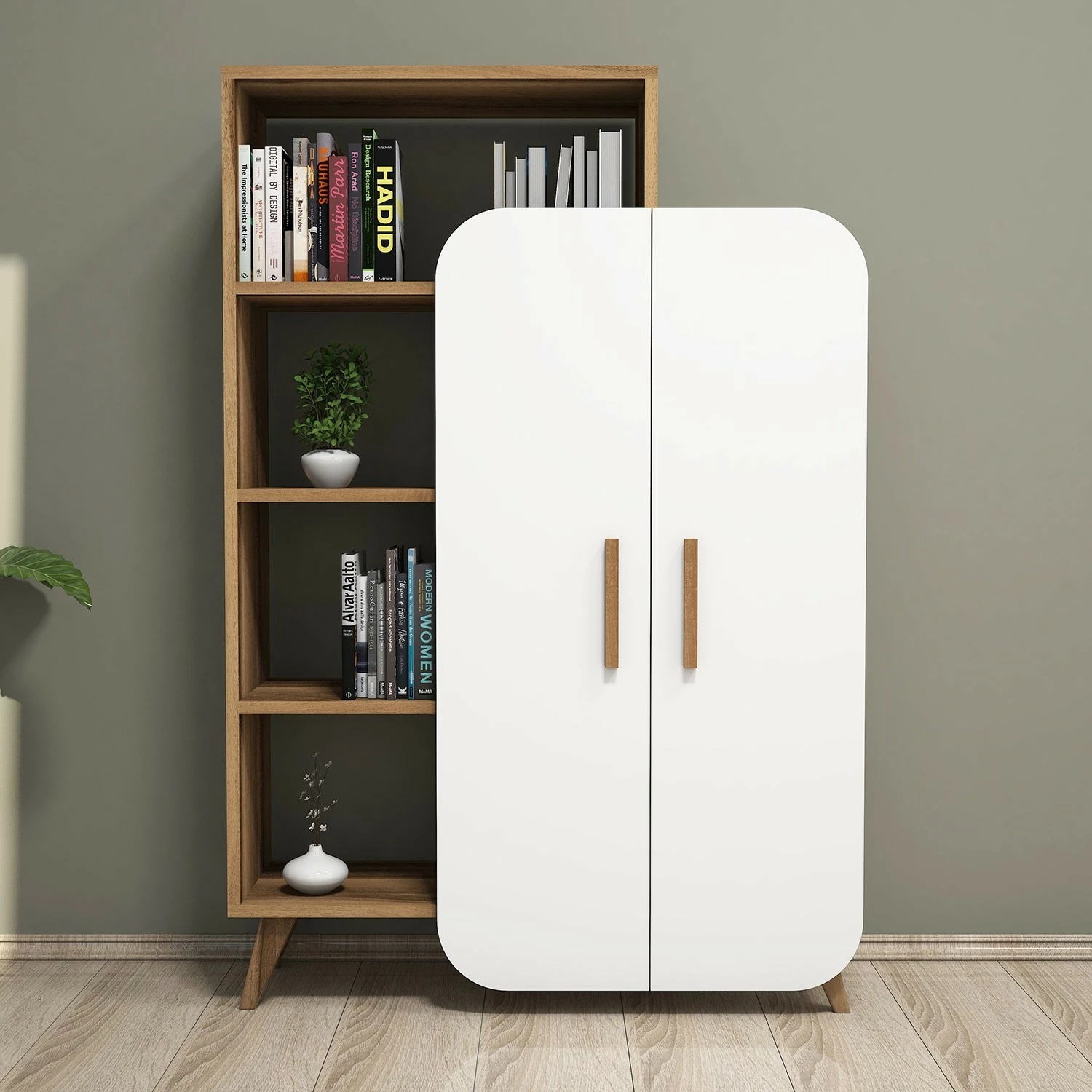 Raft librash Hanah Home, formë moderne, ngjyrë arrë dhe e bardhë