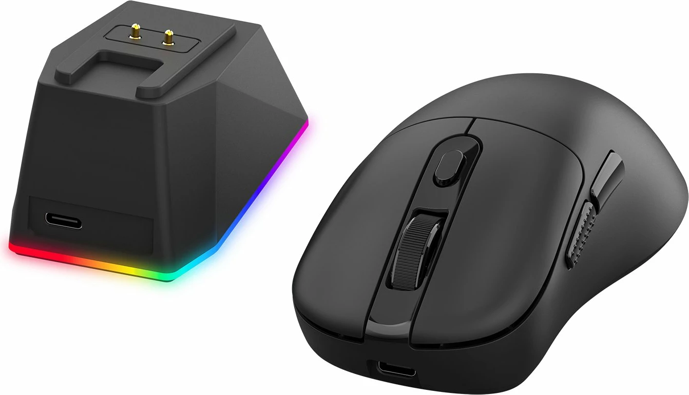 Maus Redragon Ebony Ultra M998-ULT 8K, 30000 DPI, tri-mode (USB/2.4GHz/Bluetooth), 6 butona, 61 g, me stacion karikimi magnetik RGB me LCD, i zi, set 2 copë