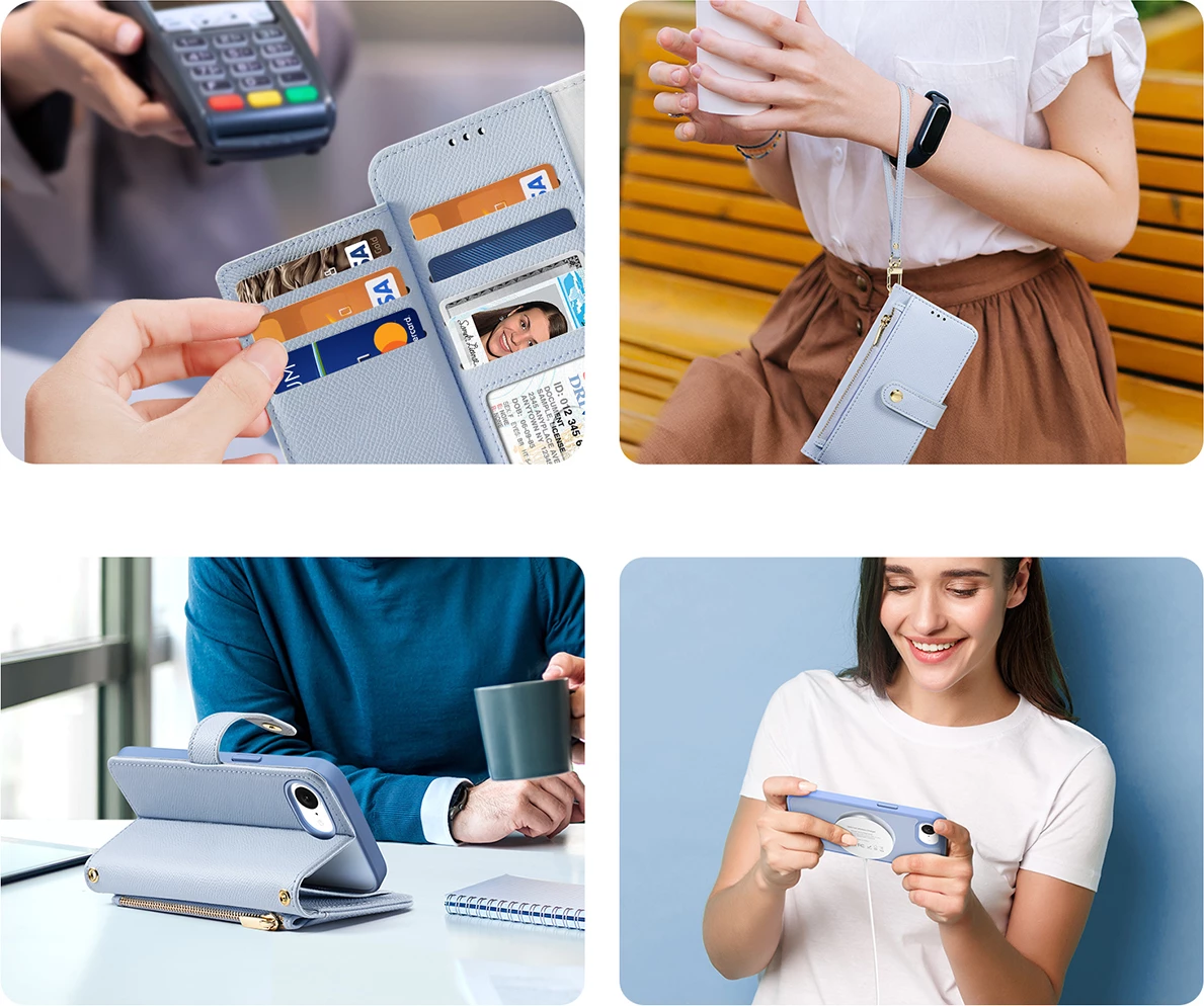 Mbështjellës Dux Ducis Lawa për iPhone 16e, lëkurë, me portofol magnetik, Blu