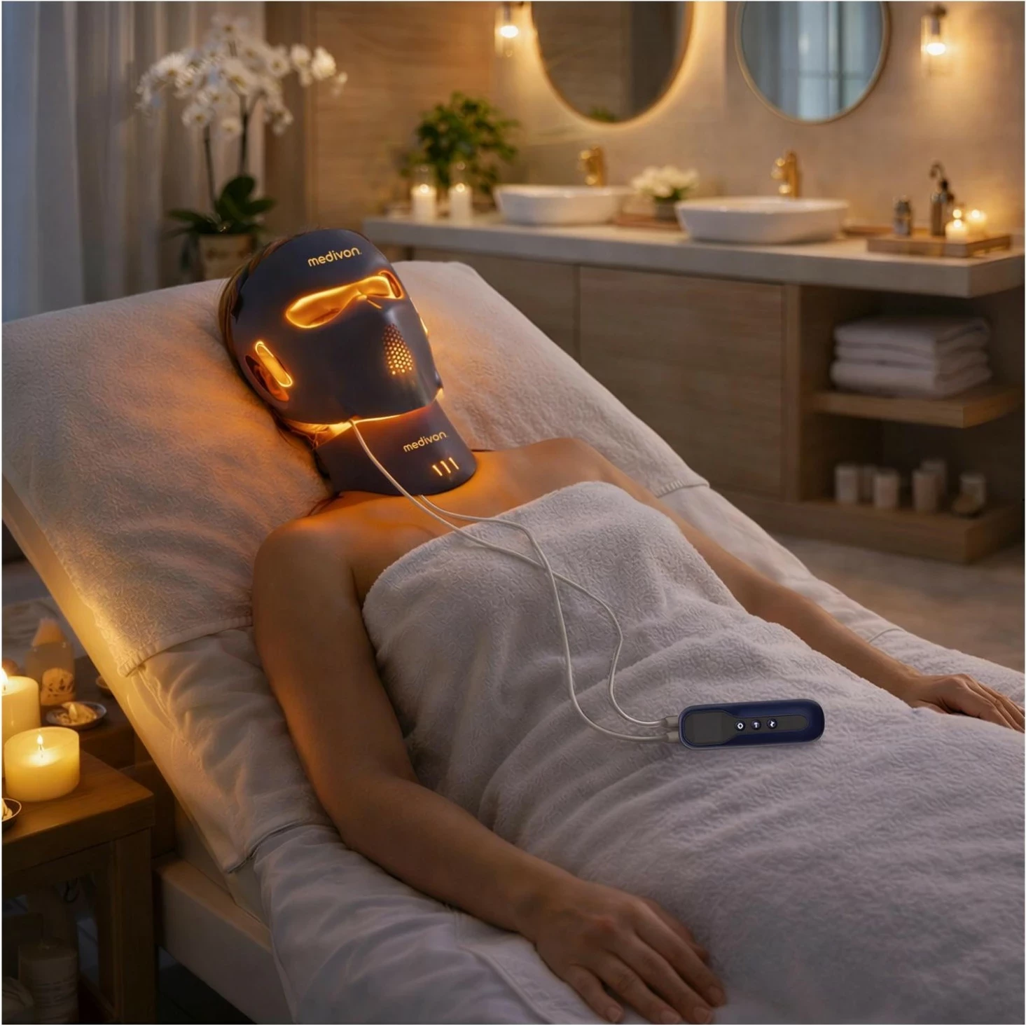Maskë LED për terapi të dritës Medivon Lumi 3D Pro, me bateri 5000 mAh, blu