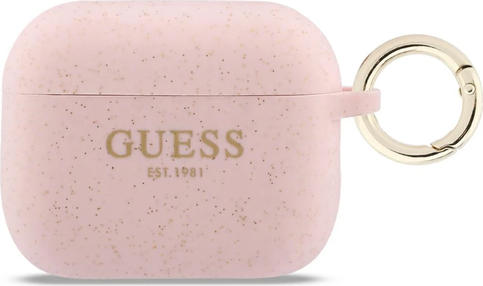 Mbështjellës silikoni Guess Silicone Glitter Ring për AirPods Pro 3, me glitter dhe karabinë, rozë, në kuti