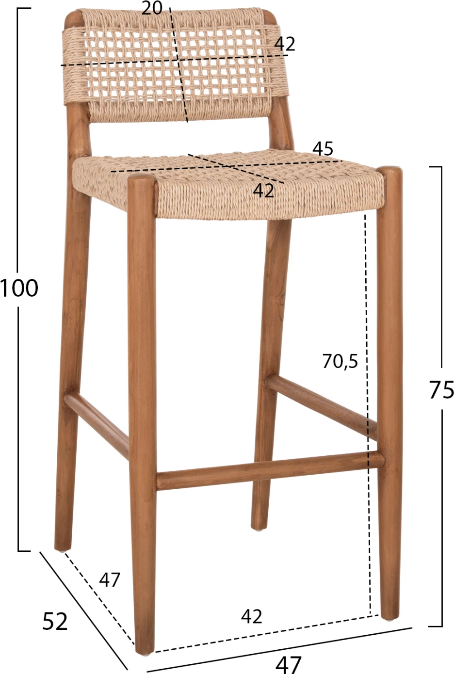 Karrige për bar ROSCO FH6134 dru tik ngjyrë natyrale-VIRO litar ngjyrë bezhë 47x52x100H cm