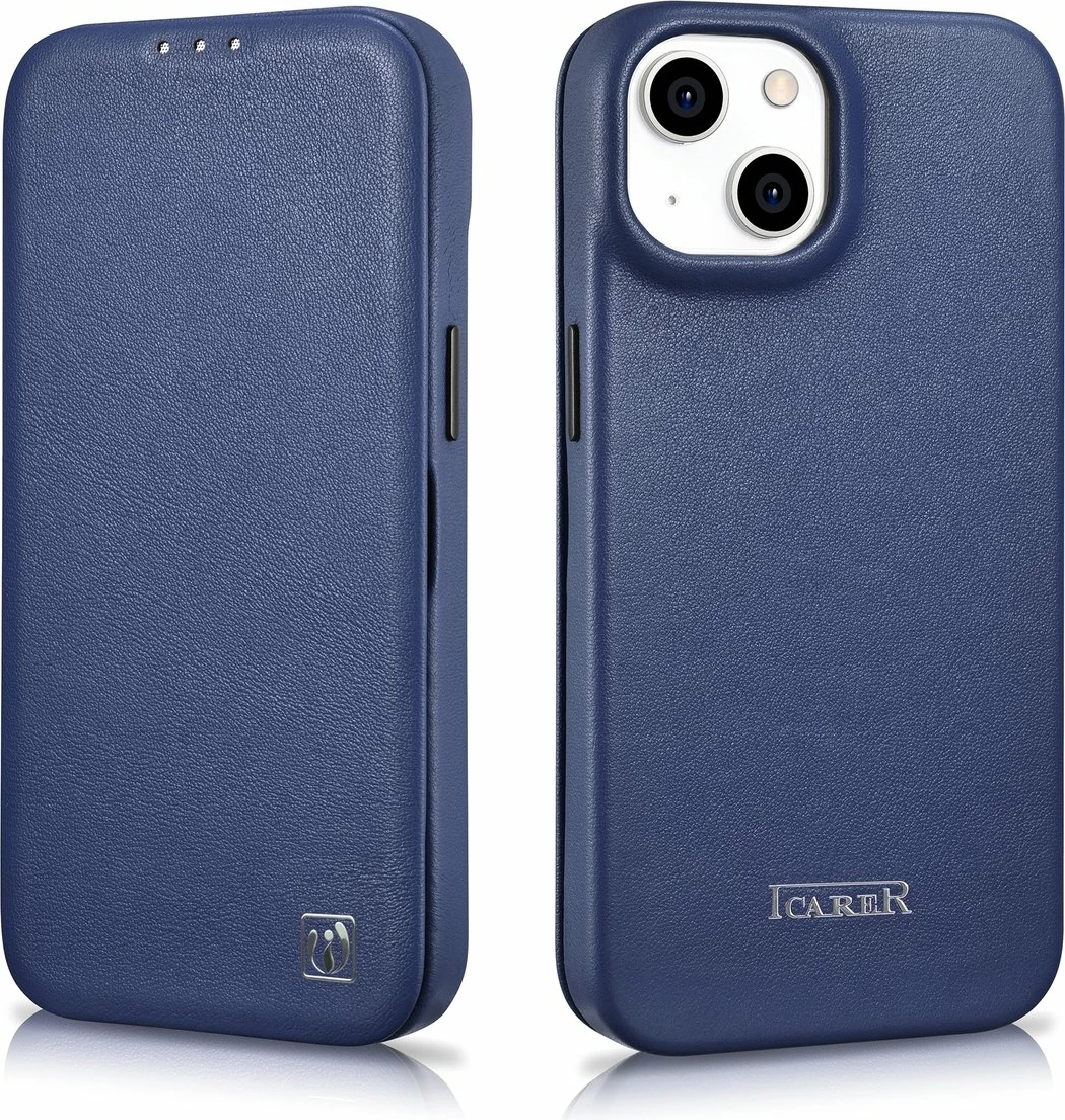 Mbështjellës iCarer CE Premium lëkurë, për iPhone 14 Plus, MagSafe, Kaltër