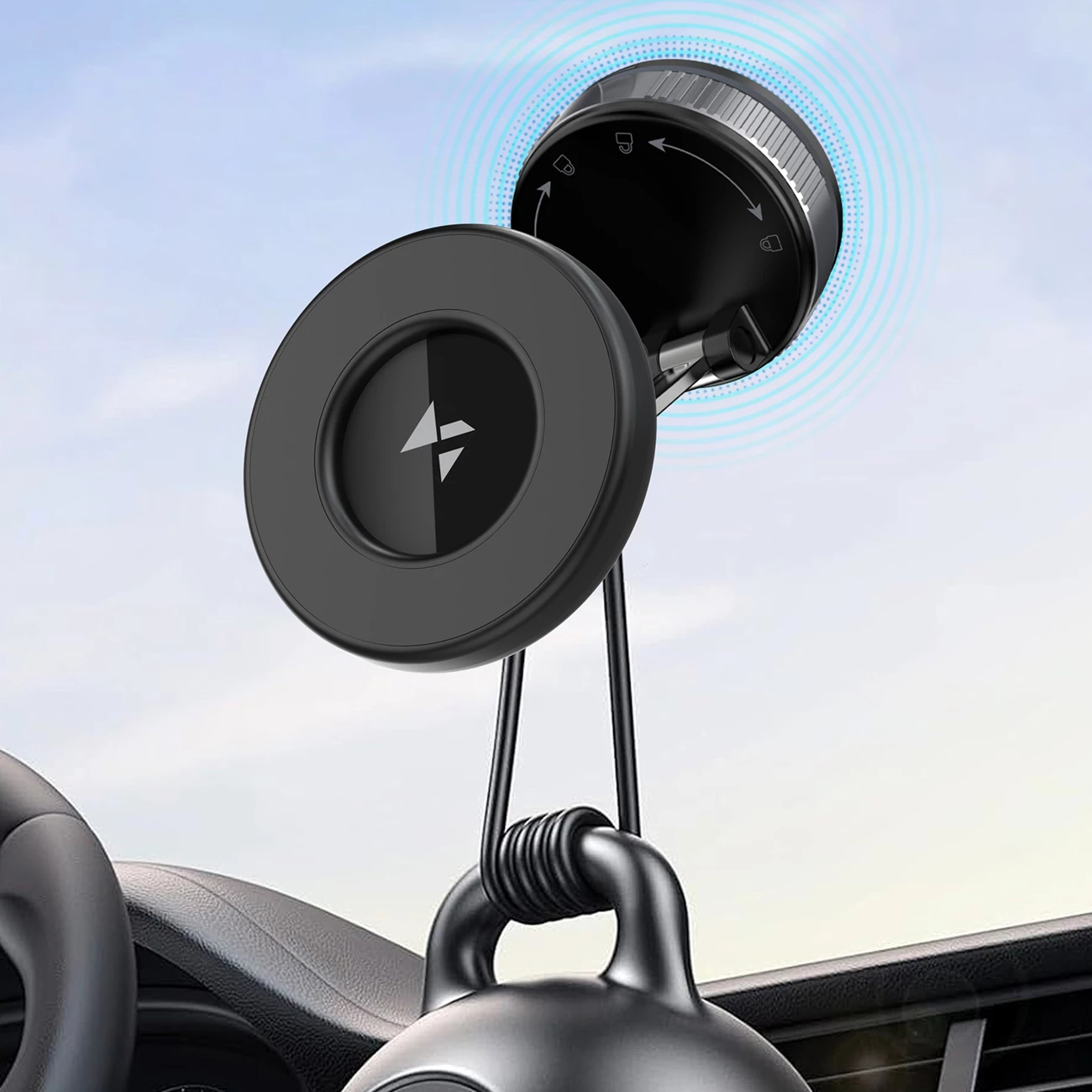 Mbajtës magnetik për makinë, Wozinsky WUSM-01, kupë vakumi me mbyllje rrotulluese, rregullim 360°, kompatibil me MagSafe, për xham ose panel, e zezë