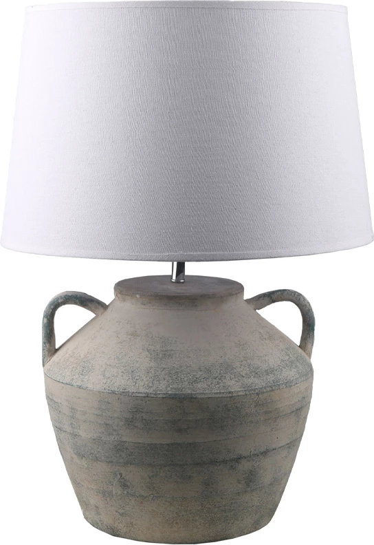 Llambë tavoline Dilos, qeramikë, ngjyrë gri, abazhur lino i bardhë, 34x34x62 cm