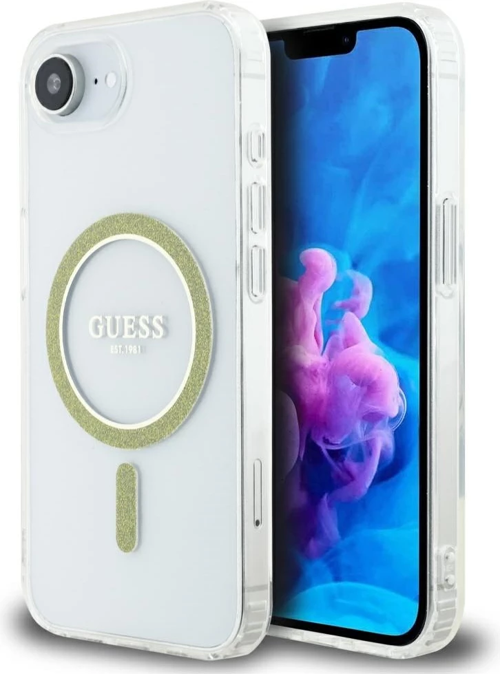 Mbështjellës Guess IML Glitter Circle MagSafe për iPhone 16e, Transparent