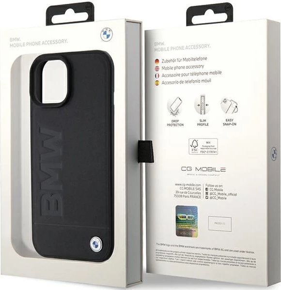Mbështjellës BMW Leather Hot Stamp për iPhone 15 Plus, e zezë