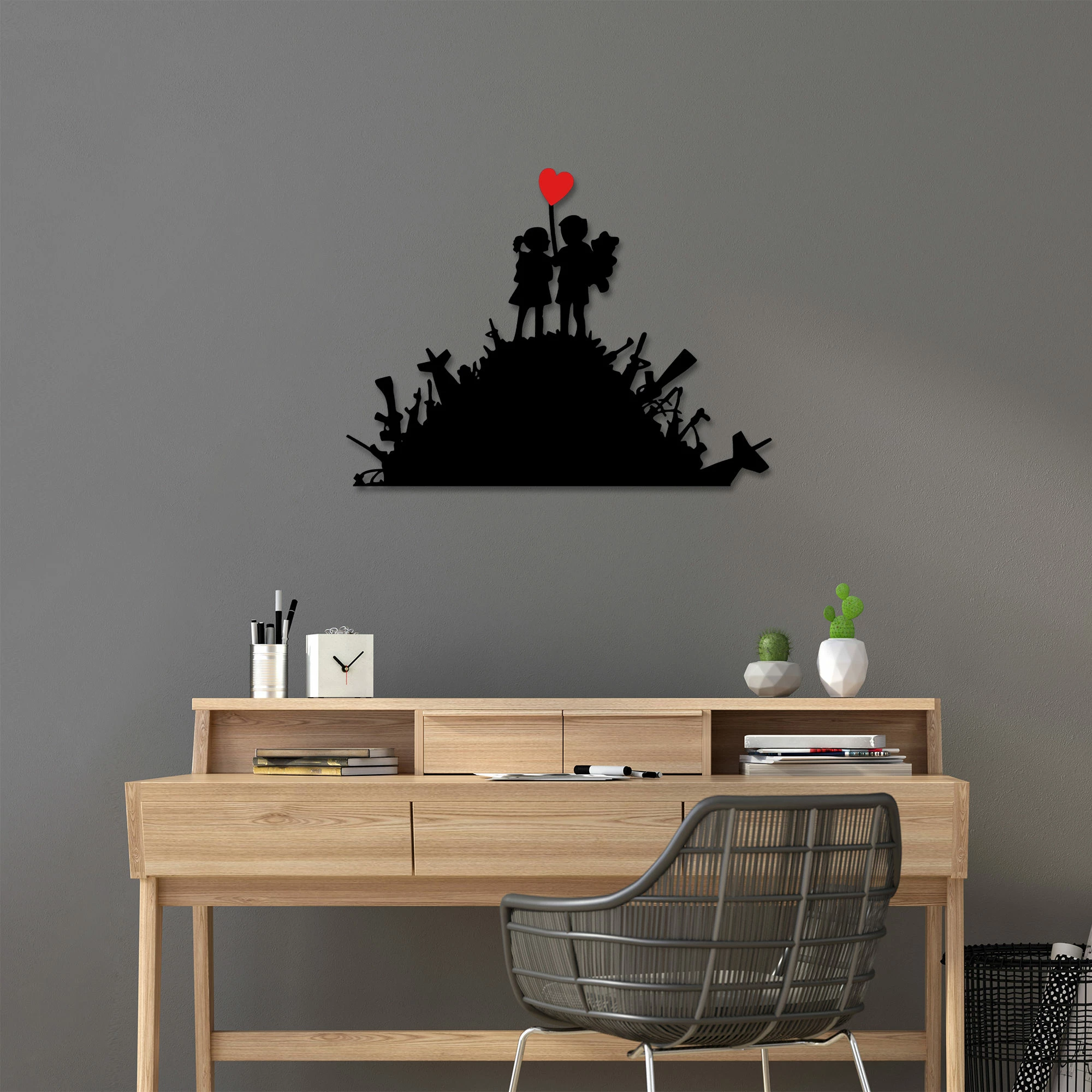 Aksesor dekorativ metalik për mur, Wallity Banksy, zi e kuqe, 52x70cm