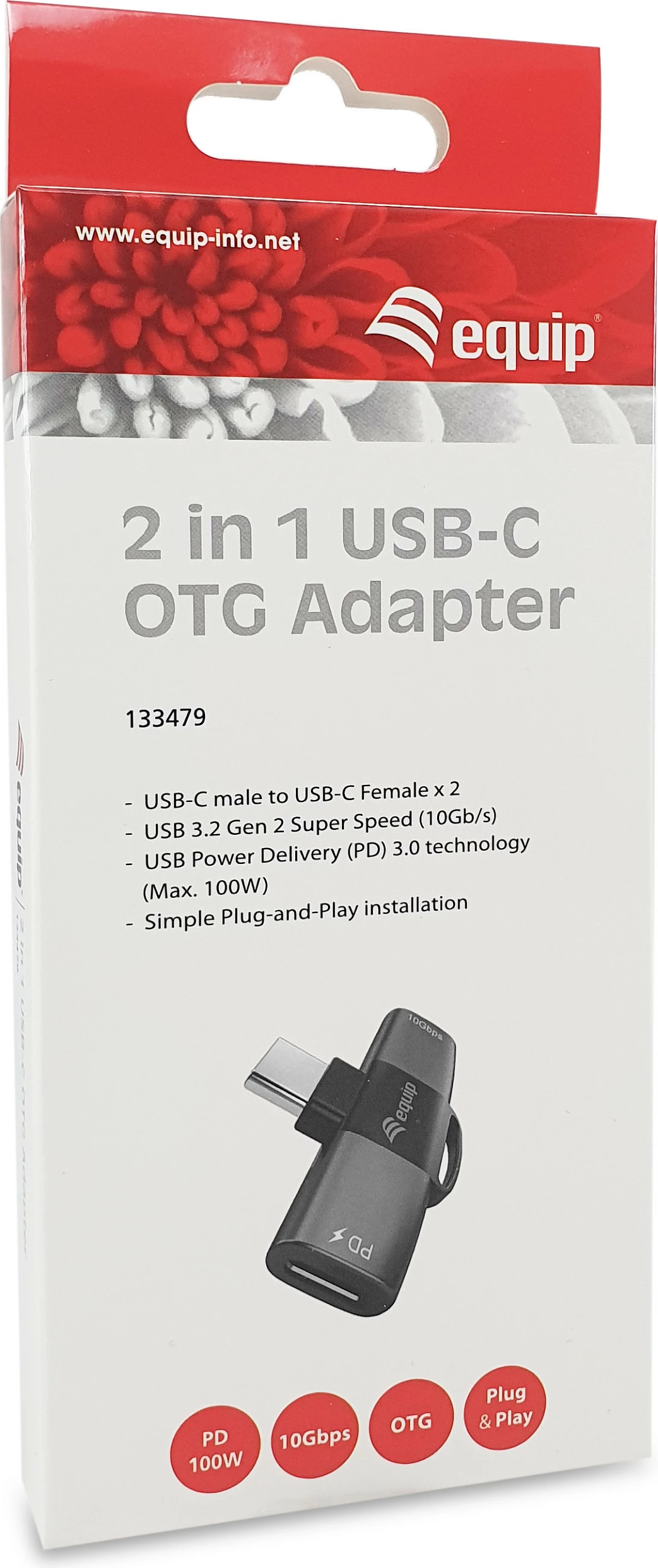 Adapter USB-C OTG Equip 133479, 2në1, PD 100W, 10Gbps, 2x USB-C, gri