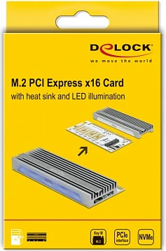 Kartë PCIe DeLOCK adapter për NVMe M.2 Key M, me LED RGB, Gri